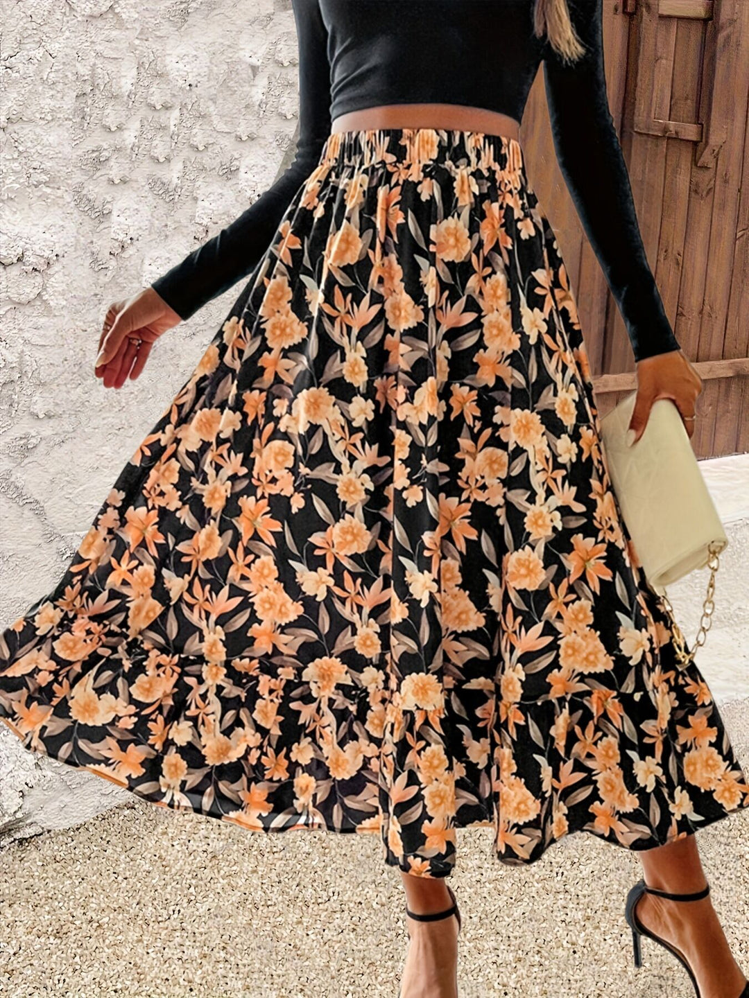 Multi Floral Print Flared Skirt