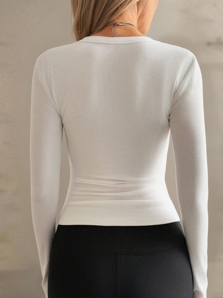 White Full Sleeve V Neck Fitted Top