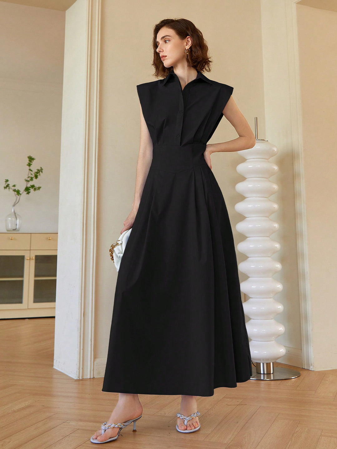 Black Front Button Shirt Style Sleeveless Dress