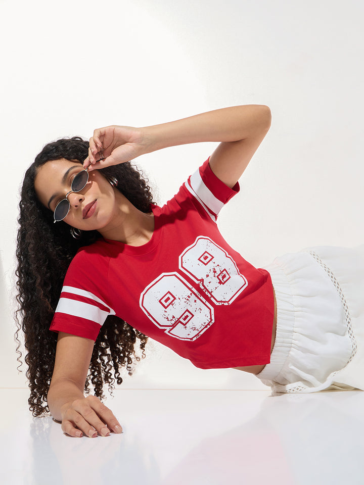 Red Crew Neck Graphic Tshirt