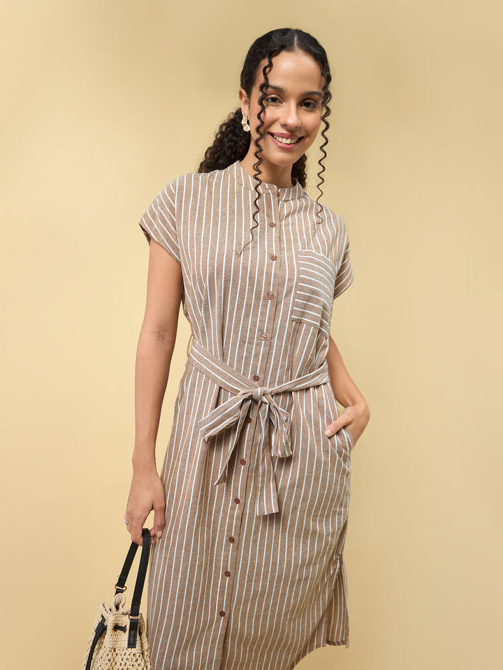 Beige Shirt Dress With Side Slits