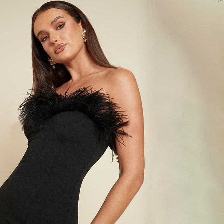 Black Strapless Furry Patchwork Dress