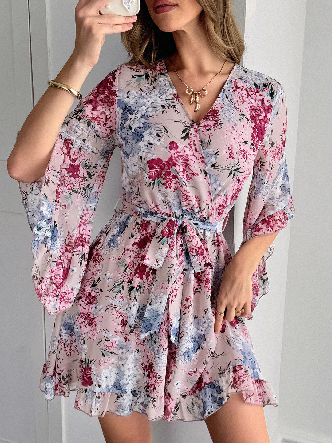 Pink V-Neck Bell Sleeves Mini Dress