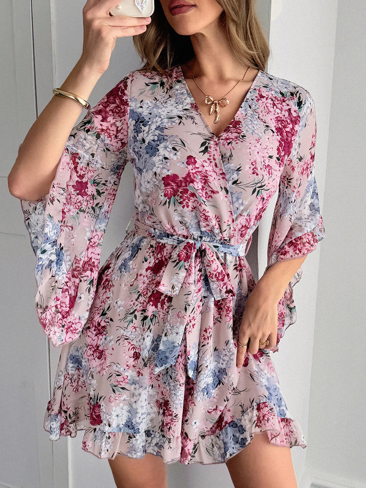 Pink V-Neck Bell Sleeves Mini Dress