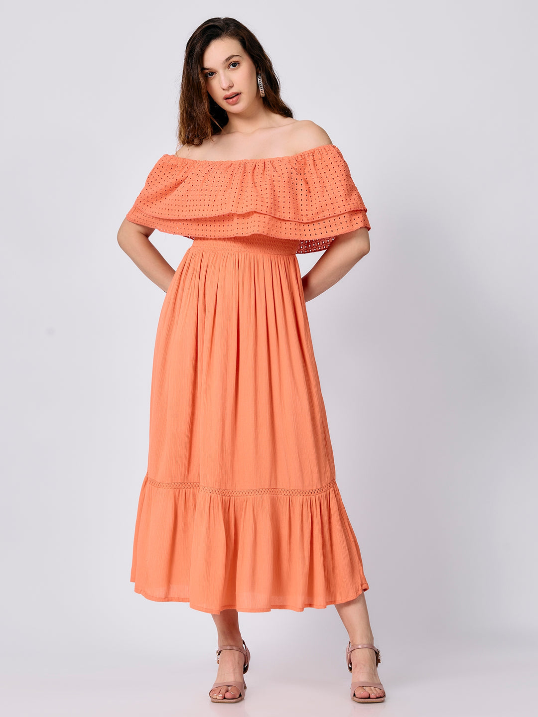 Peach Off Shoulder Tiered Midi Dress
