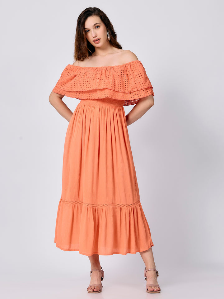 Peach Off Shoulder Tiered Midi Dress