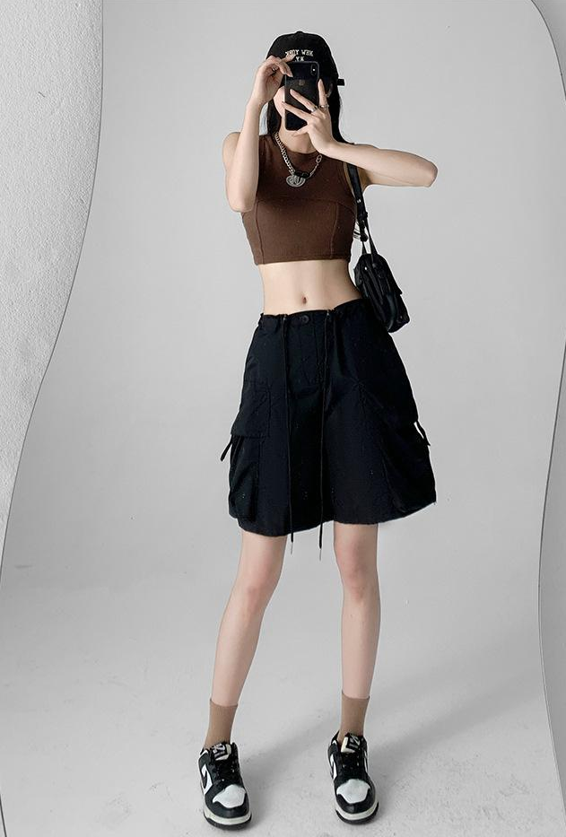 Black Relaxed Fit Drawstring Cargo Shorts