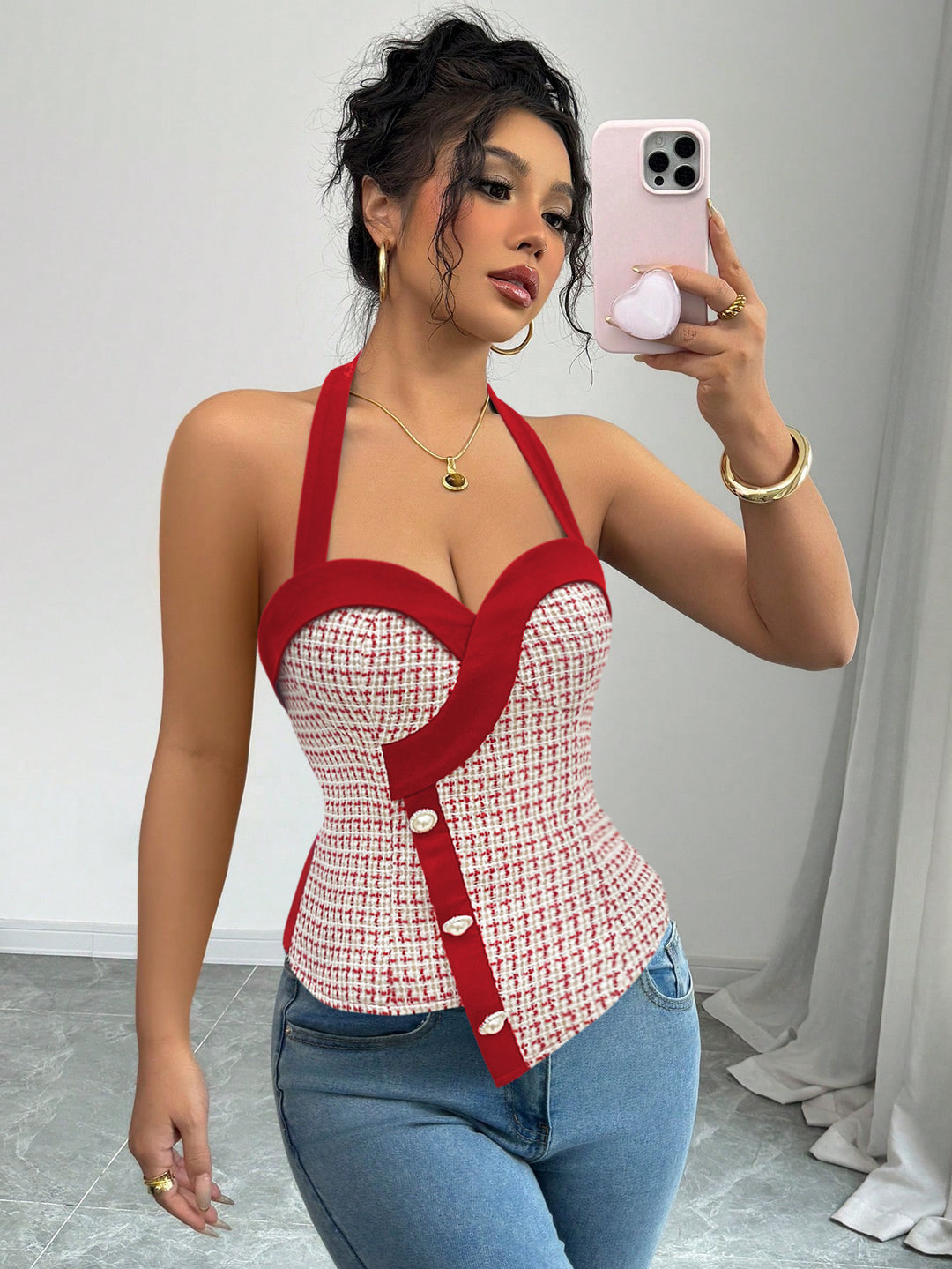 Red Halter Neck Asymmetrical Top