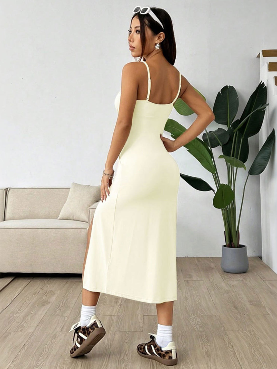Cream Shoulder Strap Slit Dress
