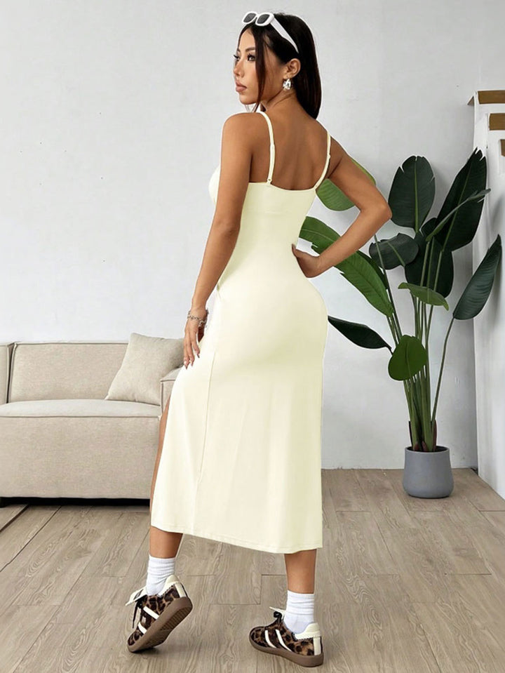 Cream Shoulder Strap Slit Dress