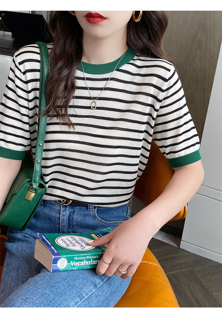 Dark Green Contrast Hem Striped Top