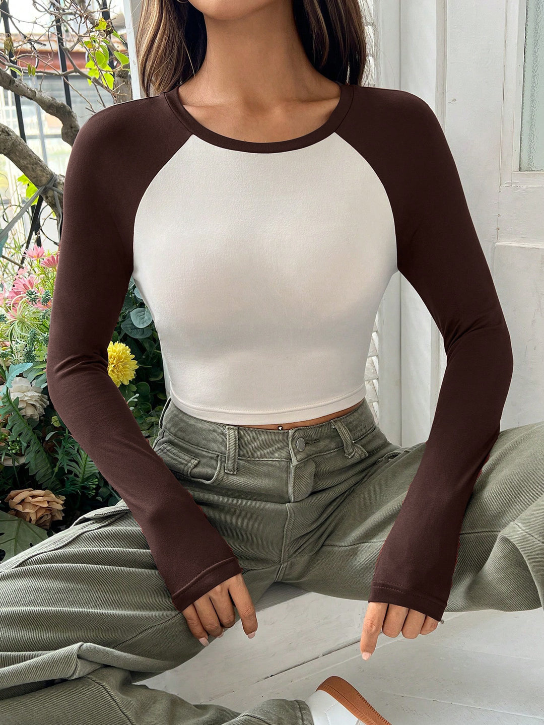 Brown Varsity Raglan Dual Toned Top