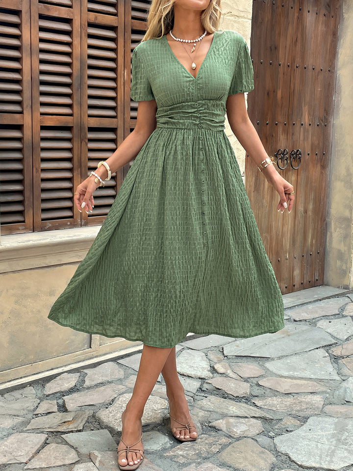 Green V-Neck Waist Detail Dress