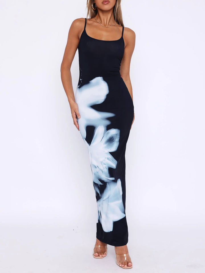 Black Spaghetti Strap Printed Dress