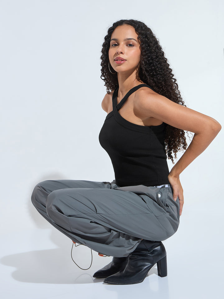 Black Halter Neck Band Tank Top