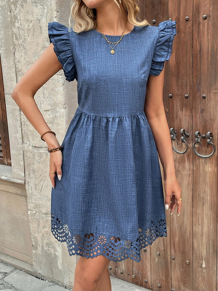 Blue Flutter Sleeves Dress With Lace Detailing