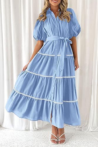Blue Button Down Puff Sleeved Shirt Dress