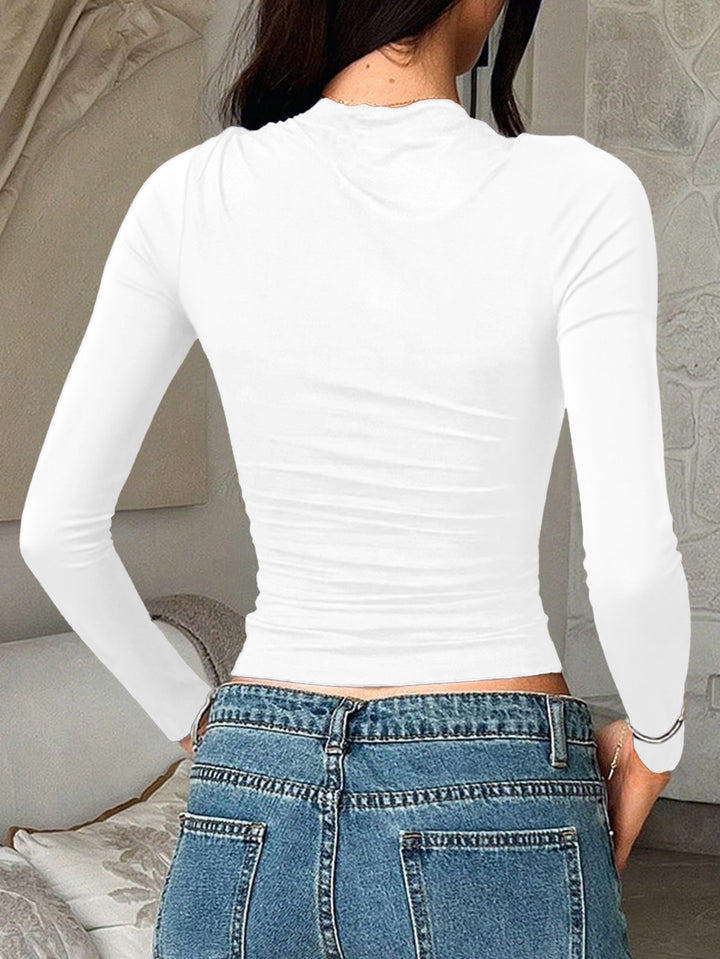 White Full Sleeve Turtle Neck Ribbed Top