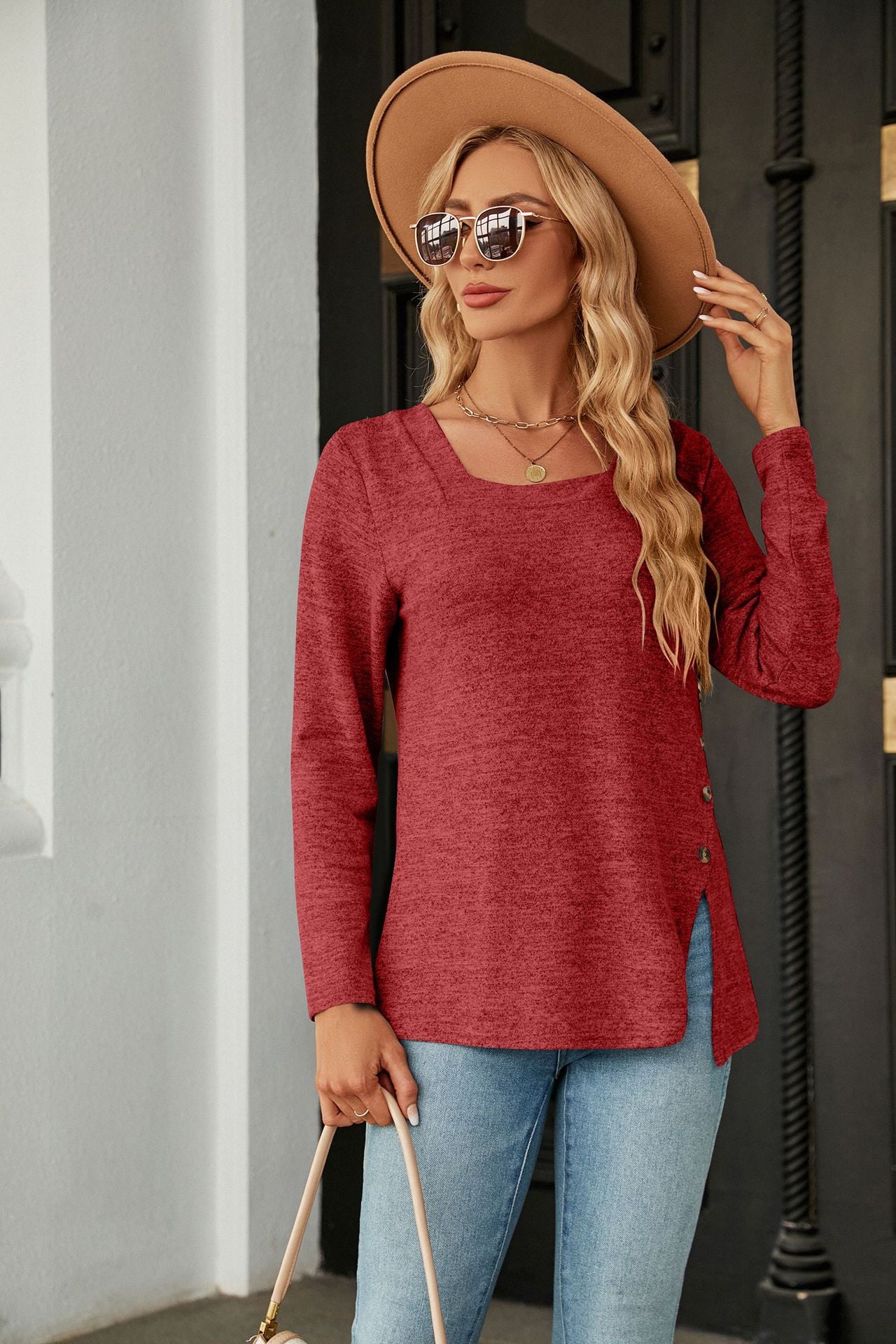 Red Full Sleeve Side Slit Top