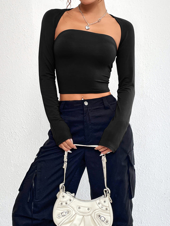 Black Scoop Sweetheart Neckline Fitted Overlay Style Top