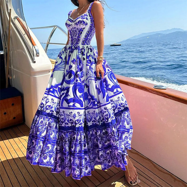 Purple Placement Print Tiered Maxi Dress
