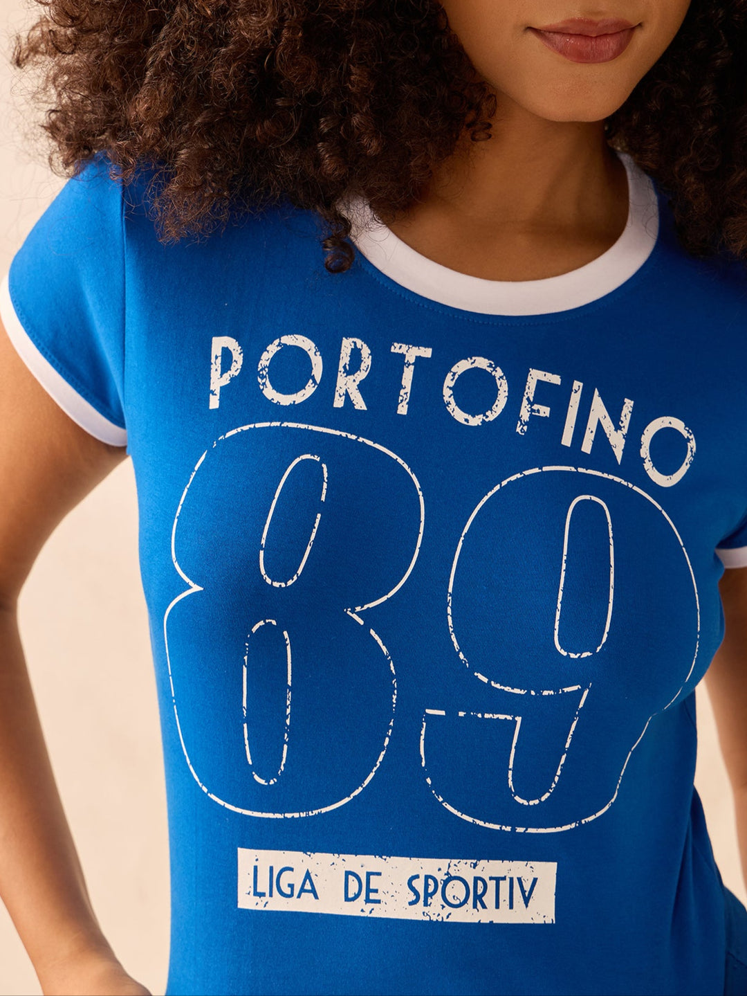 Blue Raglan Cropped Top With Graphic Print