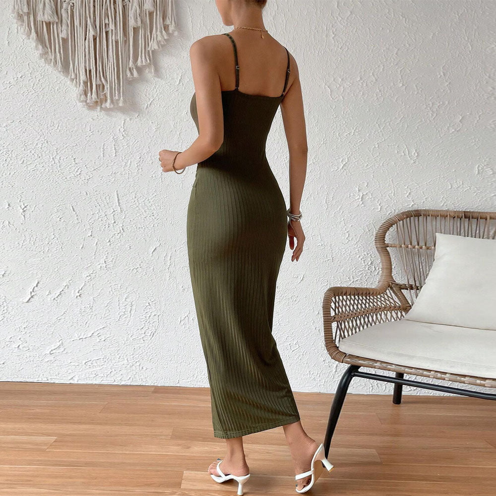 Olive Shoulder Strap Wrap Knot Dress