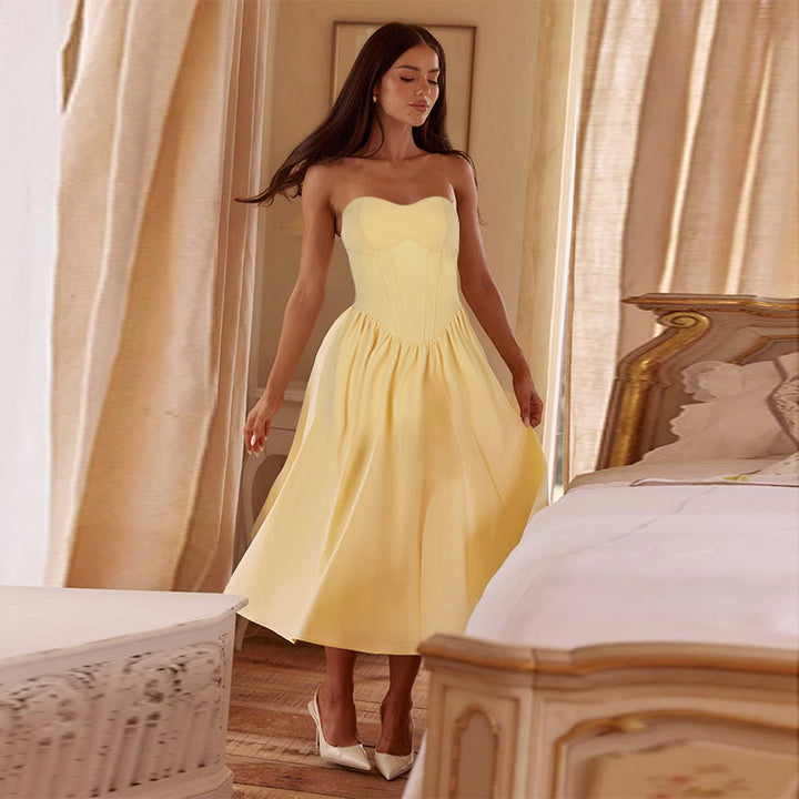 Yellow Pointed Waistline Corset Dress