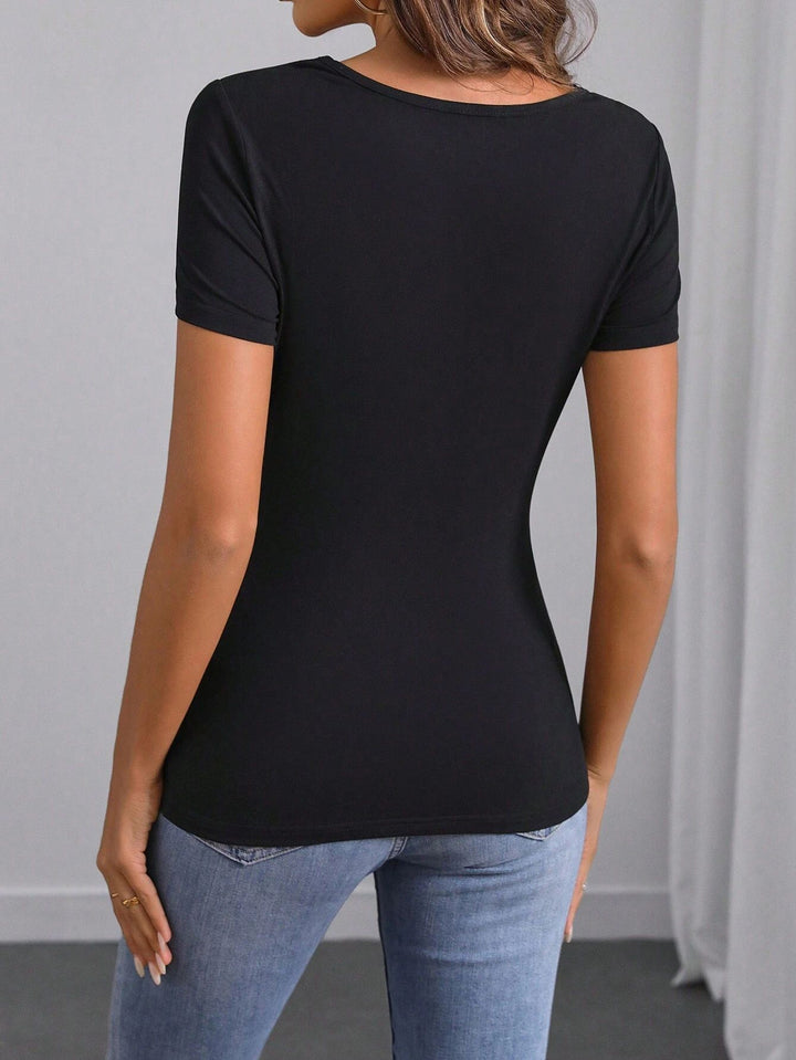 Black Short Sleeve Neck Detail Top