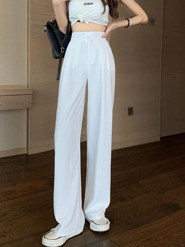 White Double Pleated Straight Trousers