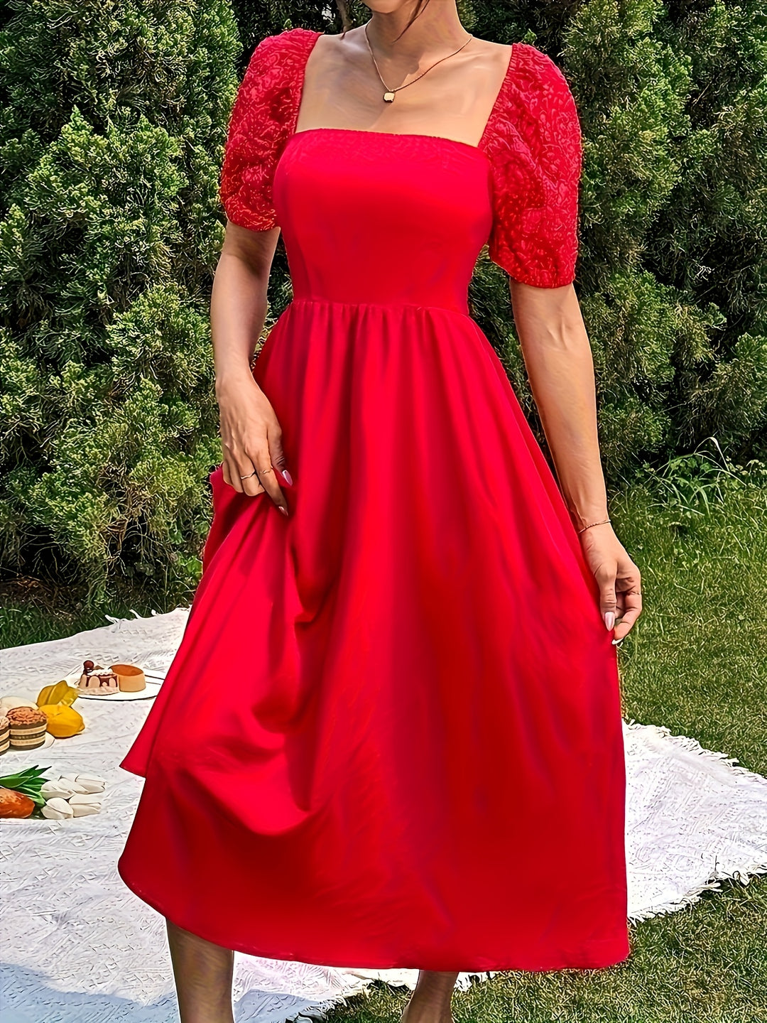 Red Midi Flared Dress With Jacquard Fabric At Sleeves
