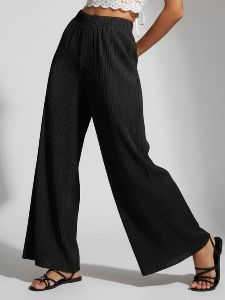 Black Flat Waistband Textured Wide Leg Trouser