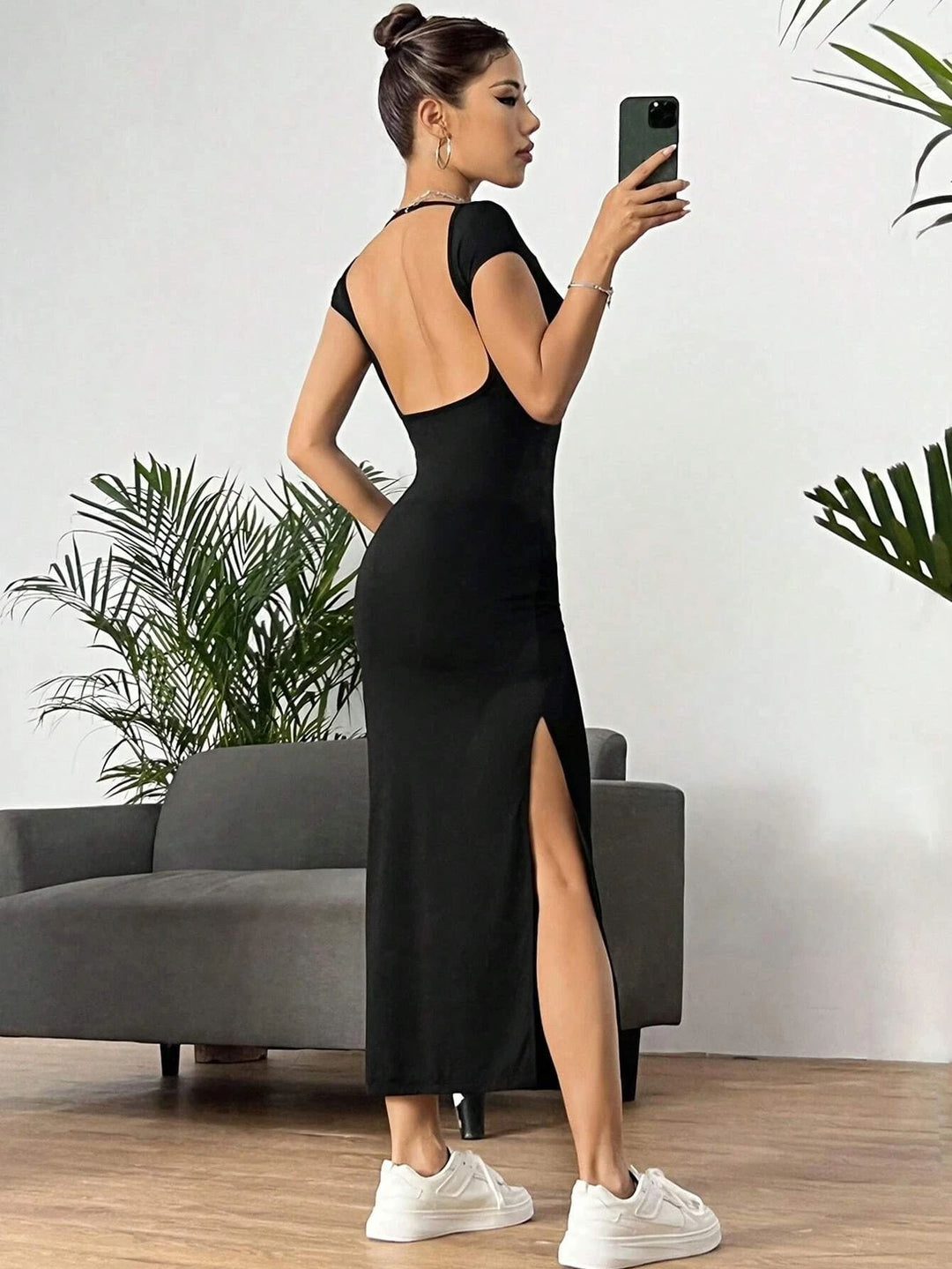 Black Cap Sleeved Deep Back Dress