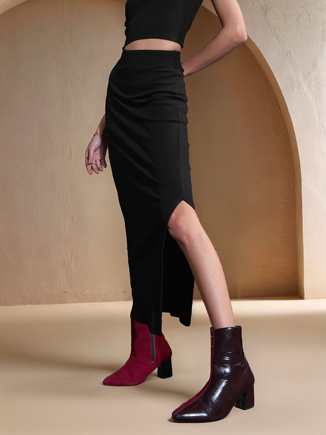 Black High Waist Side Slit Skirt