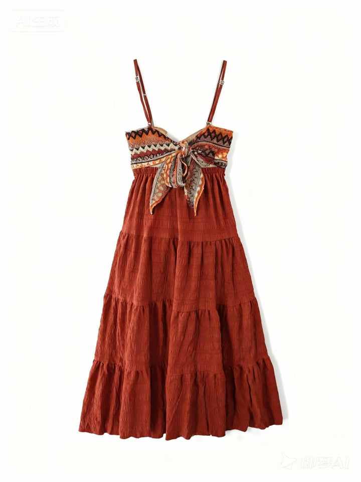 Orange Shoulder Strap Back Bow Tiered Dress