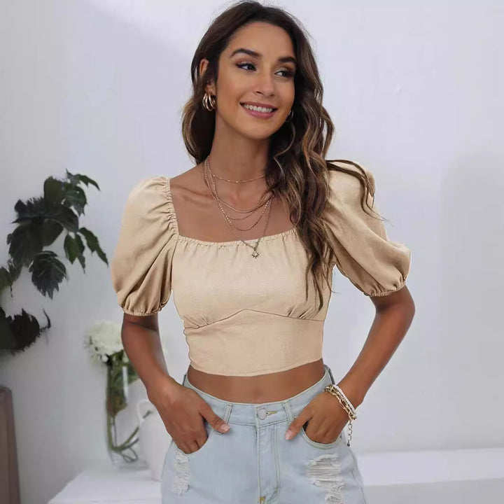 Khaki Puff Sleeved Square Neck Crop Top