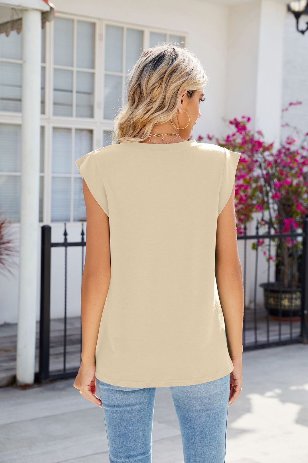 Cream Sleeveless V Neck Top