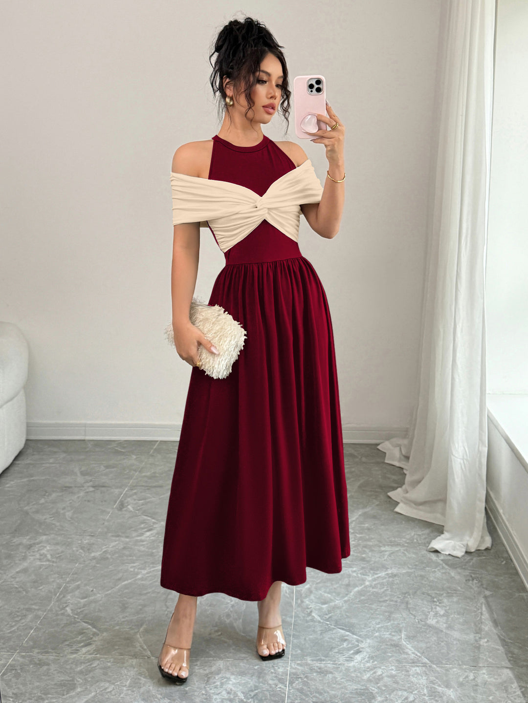 Maroon Twisted Contrast Off Shoulder Dress