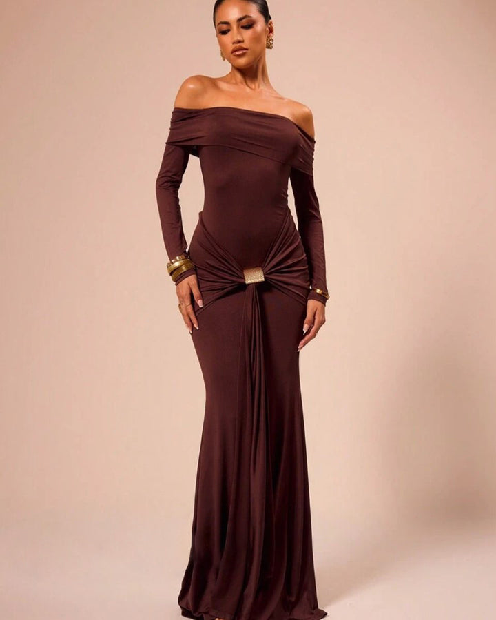 Red Off-Shoulder Maxi Dress With Metal Buckle