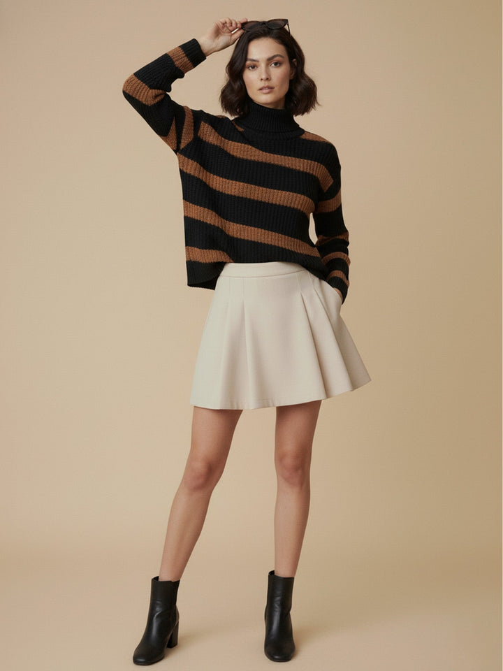 Black High Neck Striper Sweater