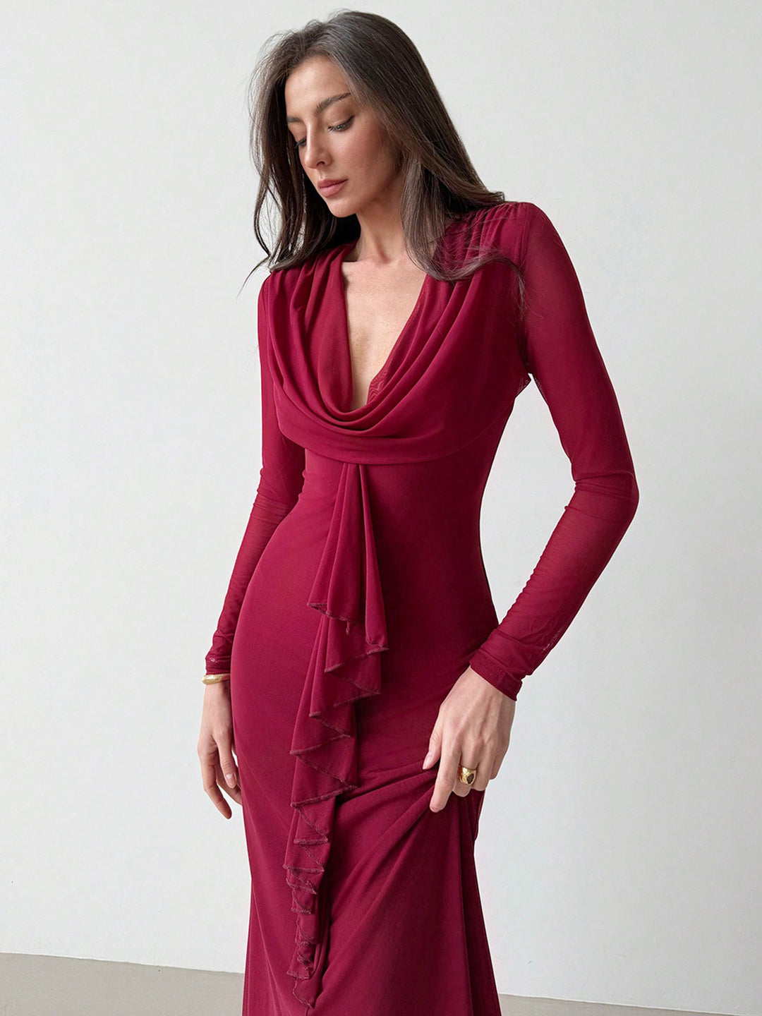 Maroon Full sleeve front ruffle v neck dress