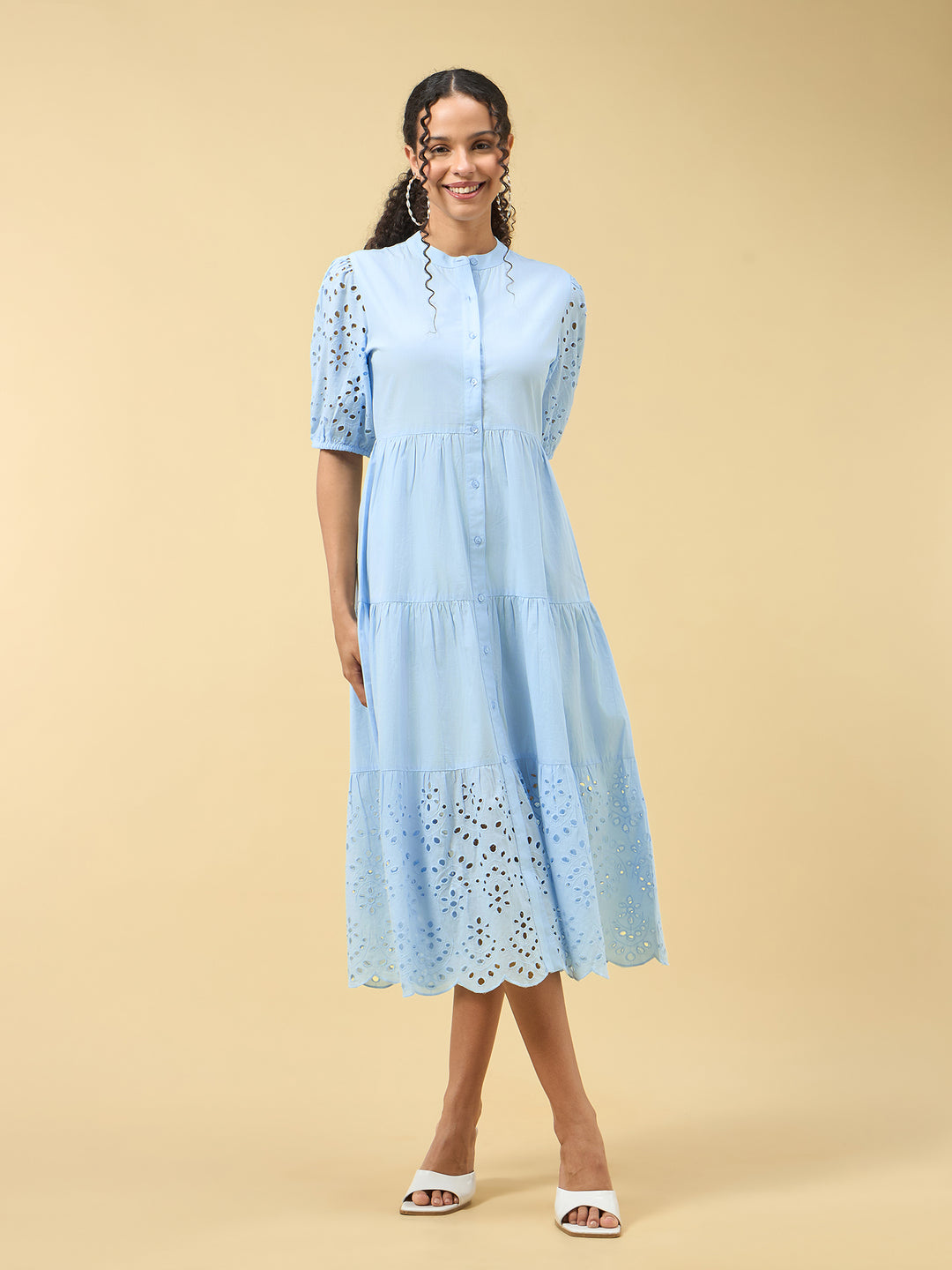 Blue Puff Sleeve Pleated Dress