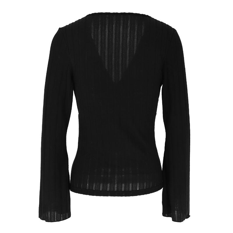 Black V Neck Bell Sleeves Fitted Top