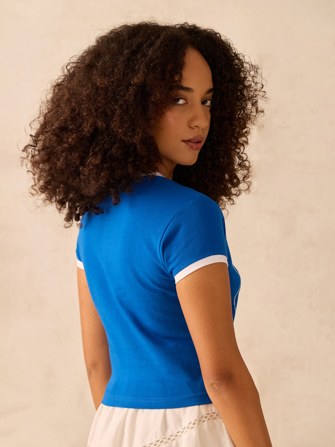Blue Raglan Cropped Top With Graphic Print