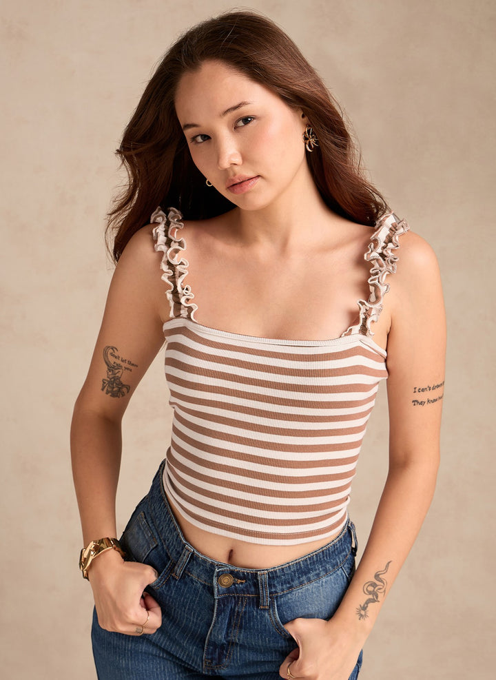 Brown Striped Rib Tank Top With Ruffle Straps