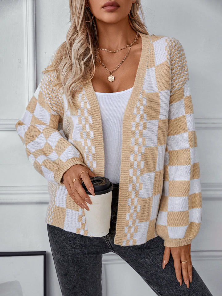Beige Full Sleeves Checkered Cardigan