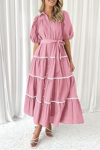 Pink Button Down Puff Sleeved Shirt Dress
