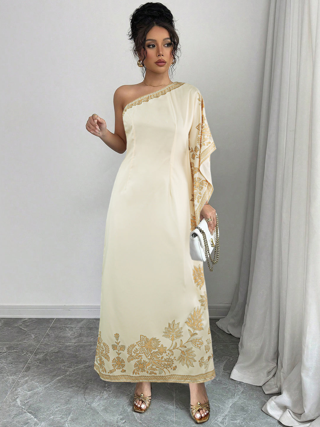 Cream One Shoulder Straight Fit Dress