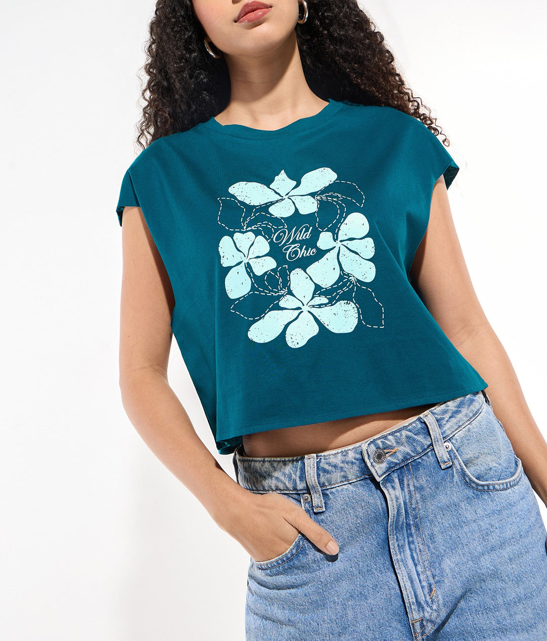 Teal Sleeveless Crop Boxy Printed Tees