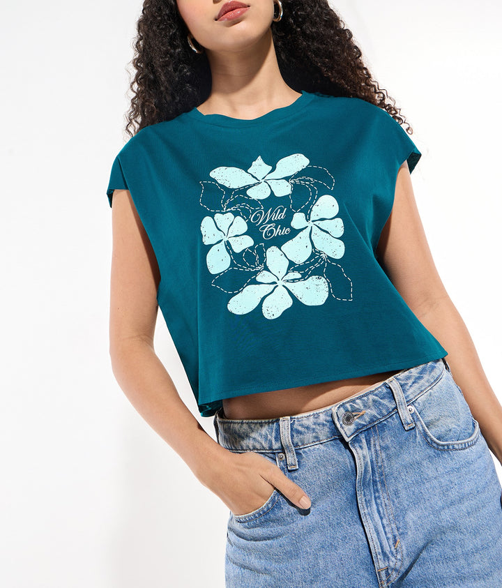 Teal Sleeveless Crop Boxy Printed Tees